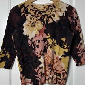 Talbots Petites Pure Cashmere Dark Floral Painterly Dahlia Print Cropped Sweater
